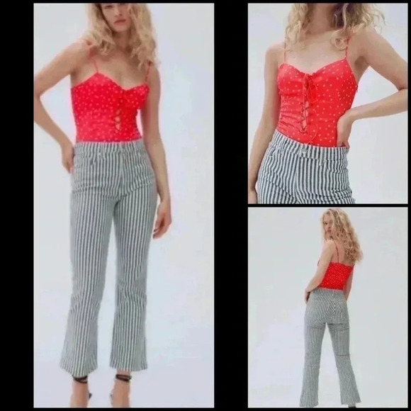 Zara Red And White Star Satin Effect Lace Up Bodysuit Size XS - Picture 1 of 8